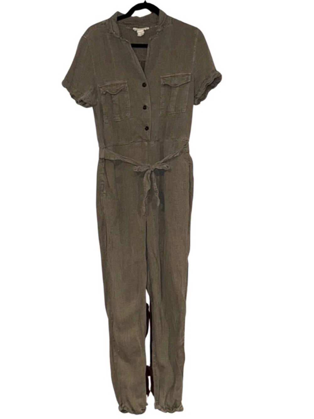 C&C California Olive Military Green Short Sleeve Utility Jumpsuit Linen Lyocell